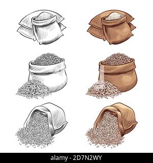 Ensemble vectoriel de sacs de riz dessinés à la main. Dessinez du riz isolé sur fond blanc. Illustration du riz dans un sac, illustration du schéma des céréales à grain Illustration de Vecteur