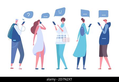 Utilisateurs de smartphones. Concept de communication virtuelle vectorielle. Illustration de l'utilisation d'un smartphone par une femme et un homme pour la communication Illustration de Vecteur