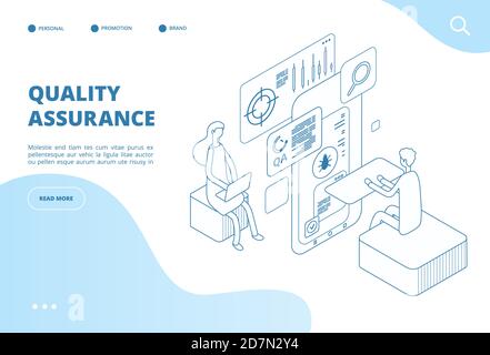 Concept d'assurance qualité. Résultat garanti du test APP, de l'analyse et de l'inspection des logiciels. Résolution de bogues, test de programme page Web de vecteur. Illustration du logiciel d'assurance qualité, bogue de test isométrique Illustration de Vecteur