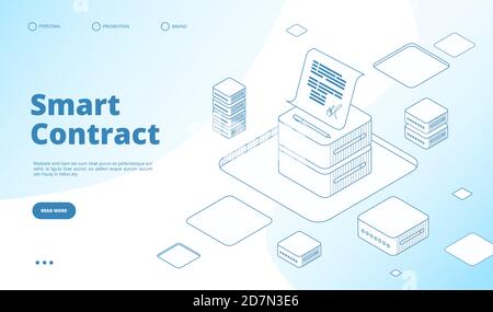 Concept de contrat intelligent. Technologie de cryptographie Ethereum. Contrat de sous-traitant avec la page de renvoi isométrique à vecteur de signature numérique. Illustration contrat intelligent crypto, blockchain de transaction Illustration de Vecteur