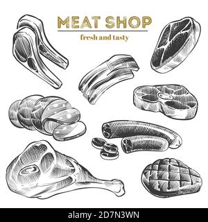 Produits de viande dessinés à la main isolés sur fond blanc. Illustration naturelle du steak, du porc et du bœuf Illustration de Vecteur