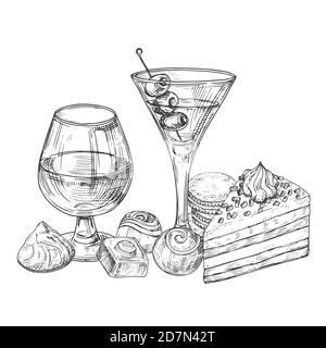 Illustration vectorielle des boissons alcoolisées, du chocolat et des gâteaux esquissés à la main. Boisson alcoolisée et gâteau, verre de croquis avec cognac Illustration de Vecteur