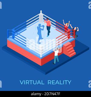 Match de boxe de réalité virtuelle sur l'illustration vectorielle isométrique du terrain de jeu. Jeu de réalité virtuelle, appareil vr et divertissement Illustration de Vecteur