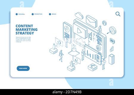 Page d'accueil du marketing de contenu. Spécialiste de la création de contenus en ligne, spécialistes du marketing vidéo et écrivains. Concept isométrique de la ligne de service B2B. Média de blog vectoriel, service de contenu vidéo, contenu de site Web de blogging Illustration de Vecteur