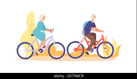 Concept de vélo d'automne. Illustration vectorielle de personnages âgés plats à vélo. Vieux femme et homme cycliste actif Illustration de Vecteur