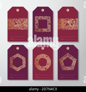 Ensemble de modèles d'étiquettes ou d'étiquettes-cadeaux prêts à l'emploi pour Noël et le nouvel an. Rayures et Wreathes de pin à aiguille dessinées à la main avec Strobiles et Holly Leaf Illustration de Vecteur