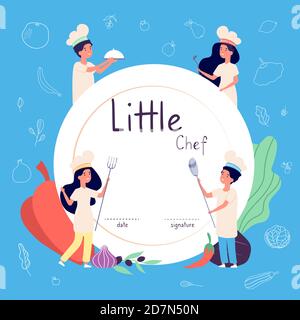 Les enfants cuisinent le fond. Les enfants cuisent l'arrière-plan. Les enfants dans le chapeau de chef cuisent la nourriture dans la cuisine. Concept de vecteur culinaire. Chef cuisinier pour enfants, cours d'illustration culinaire diplôme Illustration de Vecteur