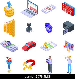 Icônes de monétisation définies. Ensemble isométrique d'icônes de vecteur de monétisation pour la conception Web isolée sur fond blanc Illustration de Vecteur