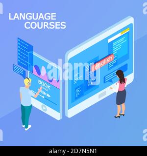 Cours de langue en ligne concept de vecteur 3d isométrique. Éducation personnes, étudier l'illustration de la distance linguistique Illustration de Vecteur