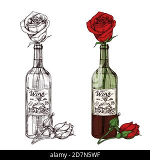 Rose dessinée à la main dans l'illustration vectorielle de la bouteille de vin. Rose rouge en bouteille de vin, boissons alcoolisées Illustration de Vecteur