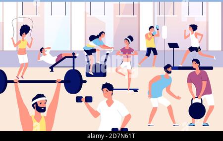 Personnes dans la salle de gym. Groupe d'athlètes faisant des exercices de fitness, cardio-training et de musculation dans la salle de gym. Concept de vecteur de style de vie sportif. Illustration de la salle de fitness, exercice d'entraînement pour le corps Illustration de Vecteur