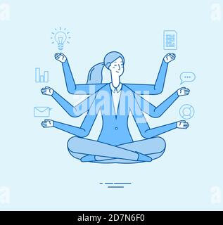 Multitâche femme d'affaires. Responsable de bureau professionnel en posture de relaxation zen yoga. Concept de vecteur de méditation de travail de bureau. Illustration du multitâche entre une femme et une personne occupée Illustration de Vecteur