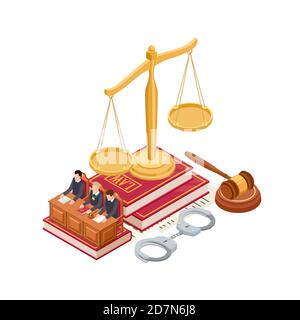 Notion de vecteur de droit isométrique et de justice. Échelle 3D de justice, maillet, livre de droit et juge isolé sur fond blanc. Justice et droit, salle d'audience isométrique, illustration du juge et de la cour Illustration de Vecteur