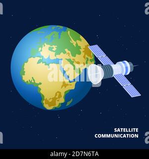 Illustration du vecteur isométrique de communication par satellite. Vaisseau spatial et terre. Satellite pour la communication globale, station cosmos extérieurs pour l'imternet Illustration de Vecteur