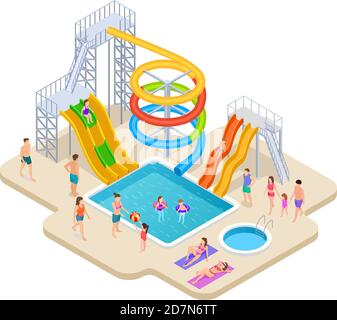 Parc aquatique isométrique. Aquapark enfants toboggan aquatique aqua récréation activités été piscine loisir jeu parc aquatique vecteur. Illustration du toboggan aquatique, du toboggan aquatique et du parc aquatique Illustration de Vecteur