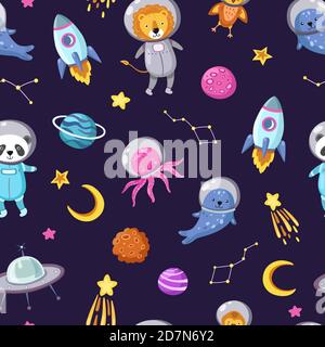 Motif animaux de l'espace. Mignon bébé animaux astronautes volant enfants animaux cosmonautes drôle spaceman garçon sans couture cosmos vecteur papier peint. Illustration d'un vaisseau spatial astronaute, d'un pieuvre et d'un panda en combinaison spatiale Illustration de Vecteur