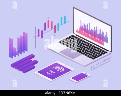 Concept isométrique de l'application professionnelle. Ordinateur portable et smartphone Vector 3d avec graphiques de données et diagrammes de statistiques. Optimisation des données d'illustration, graphique d'application 3d Illustration de Vecteur