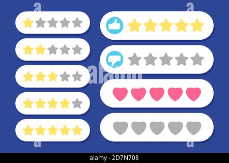 Lignes de notation. Les étoiles les cœurs aiment et n'aiment pas les icônes vectorielles. Illustration de l'évaluation, du meilleur vote, du choix de qualité Illustration de Vecteur
