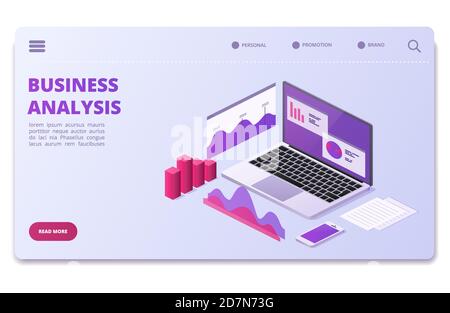 Modèle de page de vecteur d'analyse financière. Graphiques, diagrammes de statistiques commerciales. Illustration de la page de diagramme commercial, analyse de surveillance, données de visualisation isométriques Illustration de Vecteur