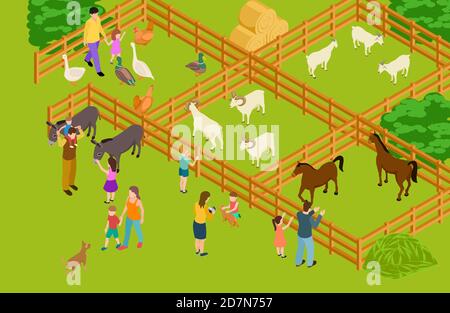 Zoo animaux de ferme. Vecteur isométrique animaux d'élevage et personnages de personnes. Joyeux séjour en famille avec des animaux domestiques et des illustrations pour animaux de compagnie Illustration de Vecteur