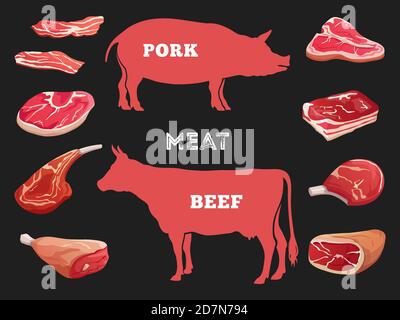 Illustrations vectorielles de différentes coupes de viande de vache et de porc. Viande de porc, boucherie de bœuf Illustration de Vecteur