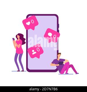 Concept moderne de vecteur de solitude. Garçon et fille n'ont pas de messages, pas de aime dans les réseaux sociaux. Illustration de non comme dans le réseau, homme social et femme Illustration de Vecteur