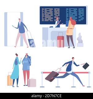 Dessins animés dans l'illustration vectorielle de l'aéroport plat. Les gens de caractère dans l'aéroport, la femme et l'homme Voyage Illustration de Vecteur