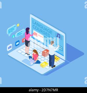 Cours de langue de choix de personnes - l'éducation en ligne concept de vecteur isométrique. Illustration de l'éducation école de langue en ligne Illustration de Vecteur