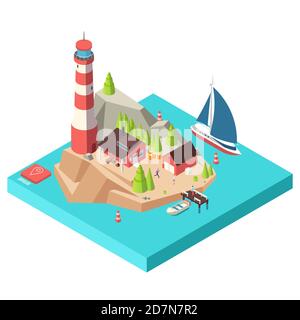 Phare isométrique. Île avec tour et maison, arbres et bateau en mer et illustrations vectorielles isométriques hommes. Phare de navigation, île côte et bâtiment projecteur Illustration de Vecteur