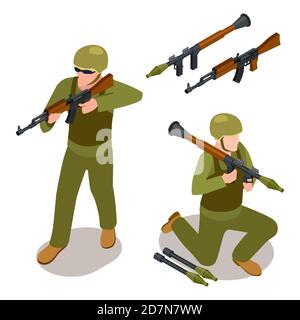 Les soldats des forces spéciales et les armes militaires vecteur isométrique isolé sur fond blanc. Soldat isométrique en uniforme, combat armé, illustration d'infanterie militaire Illustration de Vecteur