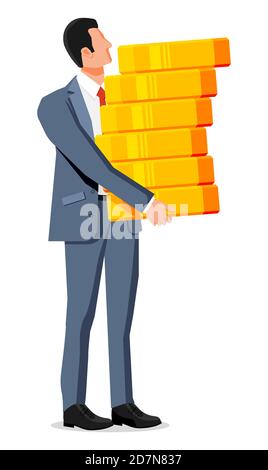 Homme d'affaires prospère détenant une pile de pièces de grande valeur. Homme d'affaires avec pièce d'or. Succès, triomphe, objectif ou réalisation. Victoire de la concurrence. Illustration vectorielle style plat Illustration de Vecteur