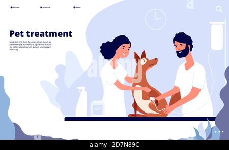 Atterrissage vétérinaire. Le vétérinaire traite les animaux de compagnie en clinique. Traitement, counseling et soins pour animaux vecteur site Web concept. Illustration du chien de soin, aide professionnelle en clinique Illustration de Vecteur