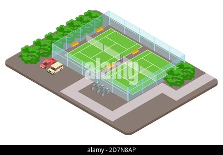 Terrains de jeu de club de tennis avec parking, concept vectoriel isométrique. Illustration du court de tennis, terrain de stade de sport Illustration de Vecteur