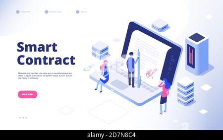 Contrat Smart. Signature numérique document électronique SMART contrats protocole facilitateur entente de cryptographie concept de vecteur. Contrat de signature numérique, illustration professionnelle intelligente Illustration de Vecteur