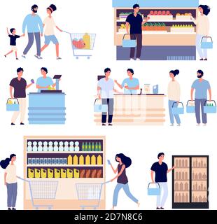 Personnes à l'épicerie. Personnes achetant de la nourriture dans le supermarché, les clients de boutique femme, homme avec le panier. Personnages de dessins animés isolés. Supermarché avec client, femme et homme illustration Illustration de Vecteur