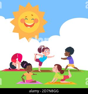 Enfants adorables faisant du yoga le matin dans l'illustration vectorielle de la nature. Enfant enfant yoga, dessin animé de sport matin Illustration de Vecteur