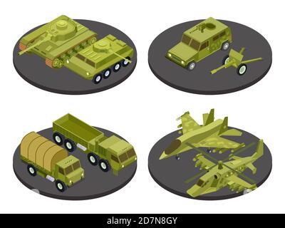 Véhicules militaires icône isométrique ensemble avec des chars de transport des systèmes de missiles et l'artillerie titres illustration vectorielle. Transport isométrique militaire, machine blindée 3d Illustration de Vecteur