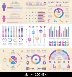 Bannières graphiques. Interface utilisateur, panneau d'informations avec graphiques financiers, graphique à secteurs et jeu de vecteurs de diagrammes de comparaison. Schéma, graphique et illustration graphique des données métiers Illustration de Vecteur