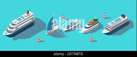 Isométrique ferries, yachts, bateaux, navires de passagers ensemble de vecteur. Illustration du ferry et du bateau, transport maritime de passagers Illustration de Vecteur