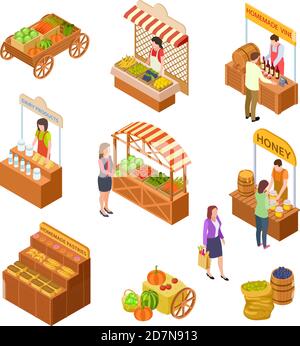 Marché agricole isométrique. Les gens vendent et achètent des repas traditionnels, des légumes et des fruits sur le marché alimentaire avec des étals 3d vecteur ensemble. Marché et magasin local, marché avec illustration de fruits Illustration de Vecteur