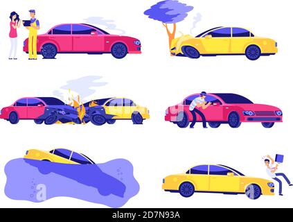 Assurance automobile accidents. Accident endommagé incendie inondation voitures voleur accident assurance automobile financement sécurité automobile vecteur infographiques. Illustration accident de voiture, service d'assurance après dommages auto Illustration de Vecteur