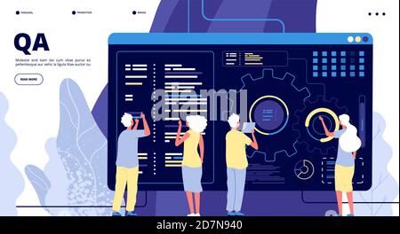 Page d'accueil QA. Test de l'assurance qualité dans le prototype de logiciel. Personnes corrigeant des bogues de code de programme dans l'appareil. Bogue de correction de l'aq de concept vectoriel et de développement, illustration du code de programme logiciel Illustration de Vecteur