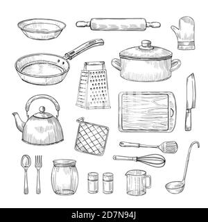 Esquisser les outils de cuisine. Ustensiles de cuisine plats dessinés à la main. Ensemble de vecteurs d'équipement de chef Doodle. Illustration des ustensiles de cuisine pour la cuisson Illustration de Vecteur