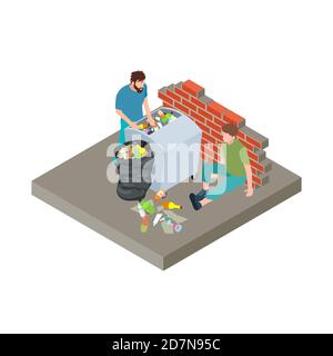 Les sans-abri, les pauvres dans la corbeille illustration vectorielle isométrique. Sans-abri caractère faim et pauvreté Illustration de Vecteur