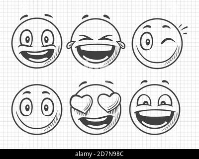 Émoticônes positives dessinées à la main, esquisse du vecteur du sourire. Illustration d'émotiji et d'émotions, visage d'expression de sourire, croquis d'émoticônes Illustration de Vecteur