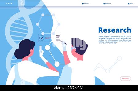 Atterrissage en laboratoire de recherche. Chercheurs scientifiques testent l'adn en laboratoire chimique. Concept de vecteur de biochimie pharmaceutique. Illustration de la biochimie de la recherche, biotechnologie scientifique bannière web Illustration de Vecteur