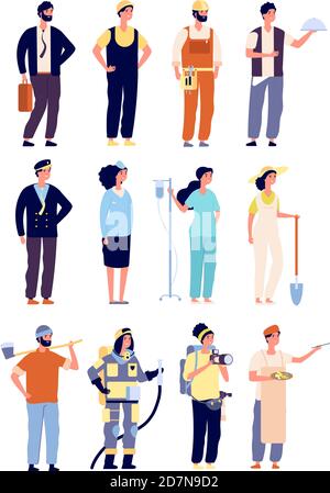 Personnages professionnels. Policier et pompier, médecin et hôtesse, artiste et musicien, bâtisseur. Personnages vectoriels de la fête du travail. Illustration d'un médecin et d'un photographe, d'un constructeur et d'un homme d'affaires Illustration de Vecteur