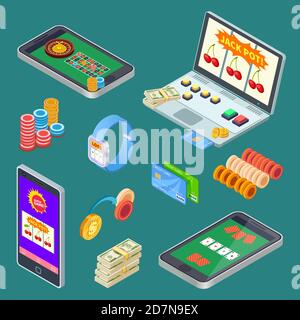 Jeu en ligne, éléments vectoriels isométriques de l'application casino. Illustration jeu de casino, poker et roulette Illustration de Vecteur