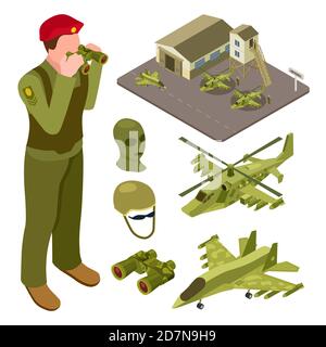 Base aérienne militaire isométrique avec hélicoptère, avion de chasse, illustration vectorielle des soldats. Avion isométrique militaire et de défense aérienne Illustration de Vecteur