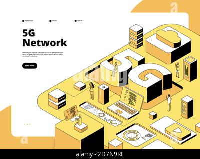 concept 5g. Technologie de diffusion Wi-Fi 5g, Internet haut débit dans un smartphone. Page de renvoi de vecteur isométrique de point d'accès de réseau global. illustration de la génération, de la connexion et des télécommunications du réseau 5g Illustration de Vecteur